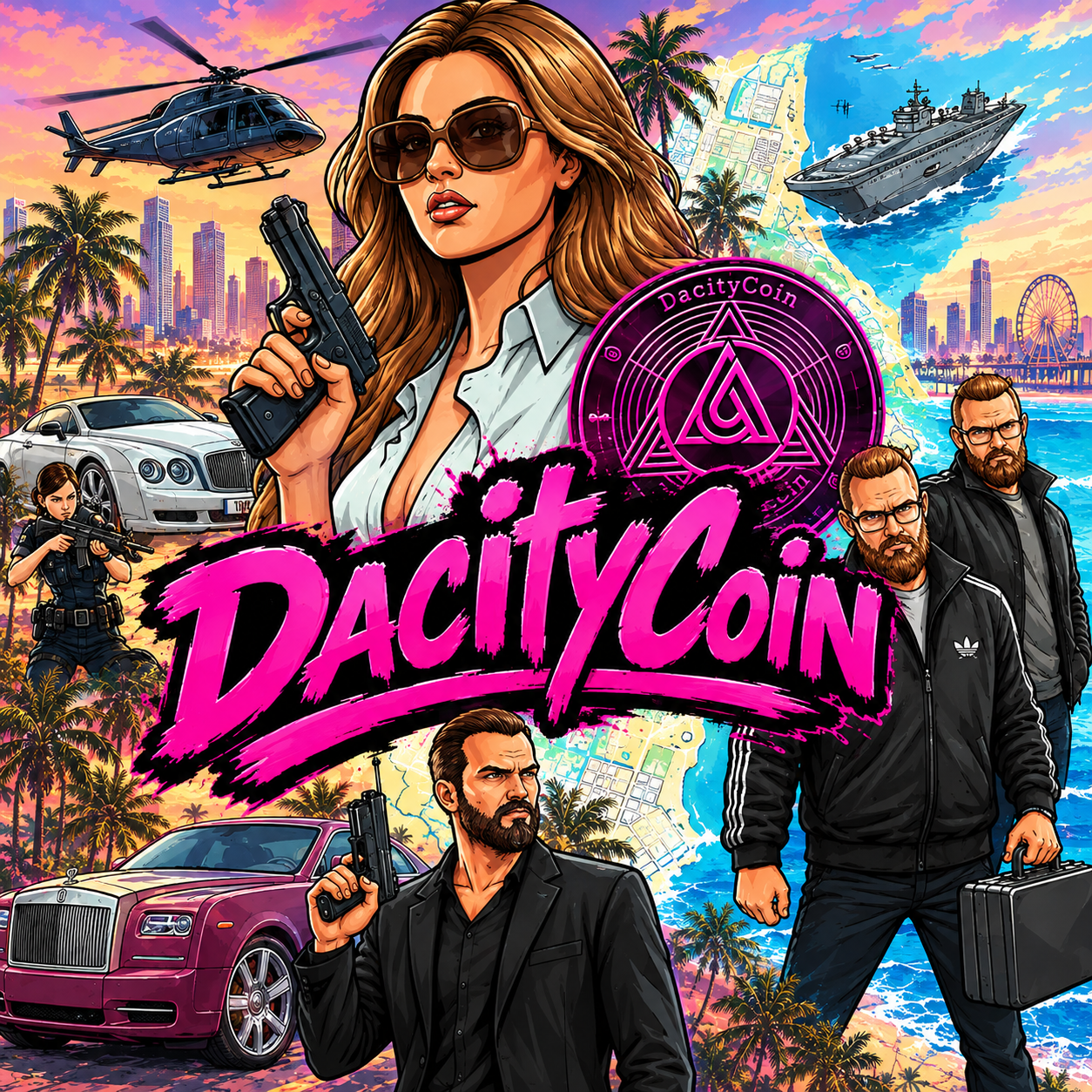 DacityCoin leaning on a AudaCity muscle car